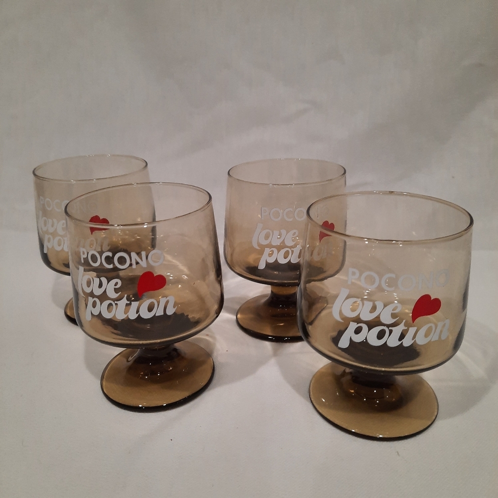 Lot of 4 Vintage Pocono Love Potion Footed Glasses Pocono Mountains PA